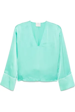 FORTE FORTE Blouses & Shirts, Dames, Groen, L, Blauwgroene top met V-hals en wijde mouwen