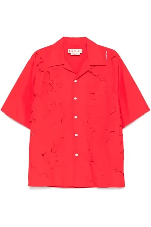 Marni Overhemden, Heren, Rood, L, Katoen, Crimson Katoen Poplin Shirt met Geborduurd Logo