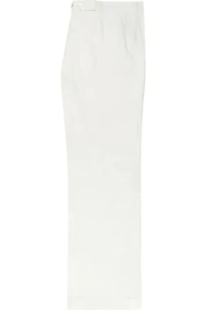 Brooks Brothers Broeken, Dames, Wit, XL, Linnen, Linnen Geplooide Broek met Wijde Pijpen