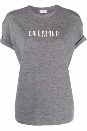 Brunello Cucinelli Tops, Dames, Grijs, L, Wol, Grijze T-shirt met Kralen