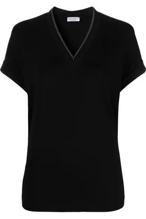 Brunello Cucinelli Tops, Dames, Zwart, XS, Katoen, T-shirt met V-hals