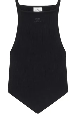 Courrèges Tops, Dames, Zwart, S, Polyester, Zwarte gebreide vest met geborduurd logo