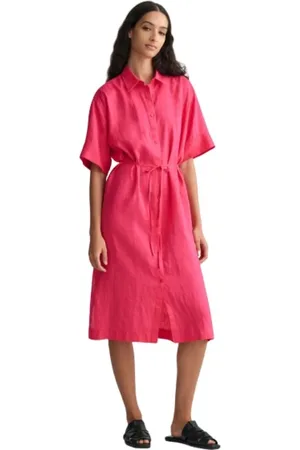 GANT Kleedjes, Dames, Roze, XL, Linnen, Linnen Blousejurk met Korte Mouwen