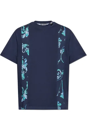VERSACE Tops, Heren, Blauw, 2Xl, Katoen, T-shirt met Barocco-print