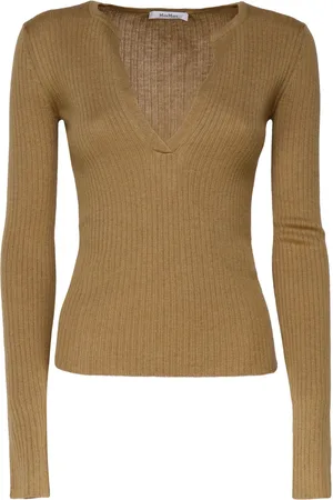 Max Mara Truien, Dames, Bruin, M, Kasjmier, Camel Zijde Kasjmier Blend Trui