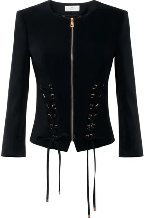 Elisabetta Franchi Jassen, Dames, Zwart, M, Polyester, Double-Breasted Stretch Crêpe Jas