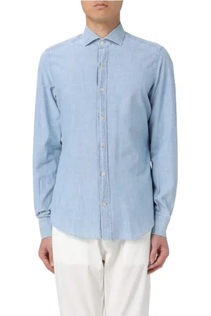 ELEVENTY Overhemden, Heren, Blauw, S, Katoen, Chambray Katoenen Shirt met Lange Mouwen