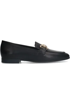 Manfield Schoenen, Dames, Zwart, 40 EU, Leer, Zwarte leren loafers met gouden detail