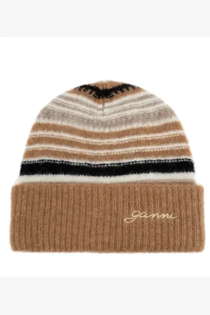 Ganni Accessoires, Dames, Bruin, ONE Size, Wol, Gestreept Patroon Muts