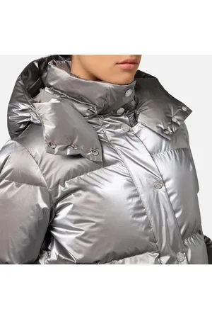 Elisabetta Franchi Jassen, Dames, Grijs, S, Nylon, Cropped Puffer Coat met Afneembare Capuchon