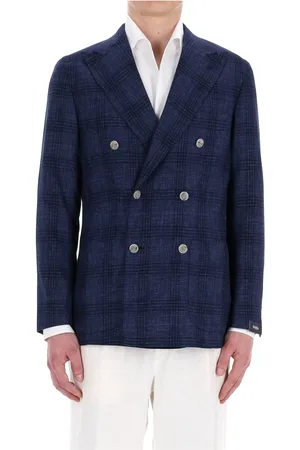 BARBA Jassen, Heren, Blauw, M, Leer, Blauw dubbelrijige getailleerde jas