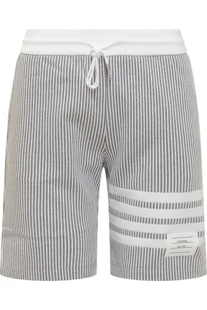 Thom Browne Korte broeken, Dames, Grijs, M, Katoen, 4-Bar Gestreepte Seersucker Shorts met Trekkoord