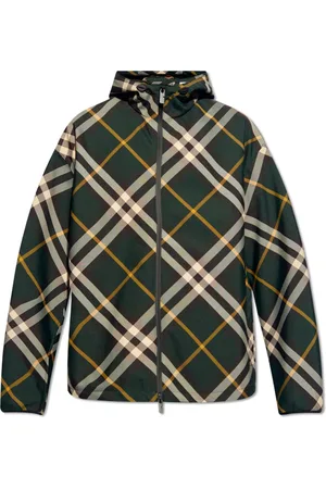 Burberry Jassen, Heren, Groen, L, Polyester, Geruite Jas met Capuchon en Rits
