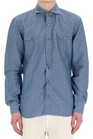 BARBA Overhemden, Heren, Blauw, L, Katoen, Texaanse overhemd in Napoli-stijl