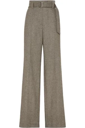 Brunello Cucinelli Broeken, Dames, Bruin, M, Wol, Corset Loose Techno Wool Chevron Broek