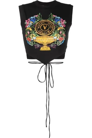 VERSACE Tops, Dames, Zwart, L, Katoen, Grafische Print Crop Top - S