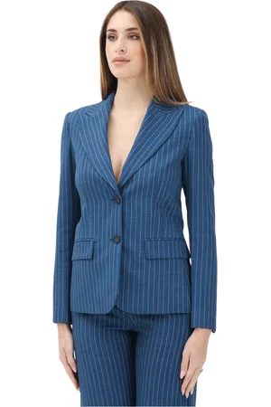 GAËLLE Jassen, Dames, Blauw, M, Leer, Blauwe Aansluitende Jas met Pinstripes