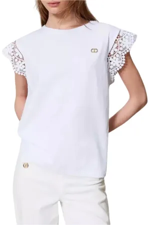 Twin-Set Tops, Dames, Wit, XL, Kanten Flutter Mouw T-shirt