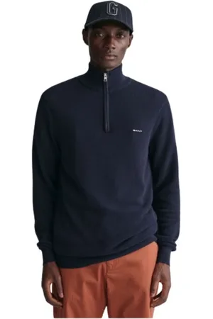 GANT Truien, Heren, Blauw, M, Katoen, Klassieke katoenpiqué sweater met halve rits