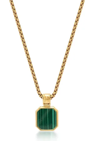 Nialaya Accessoires, Heren, Geel, M, Gouden Ketting met Vierkante Malachiet Hanger
