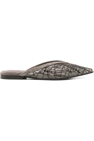 Brunello Cucinelli Schoenen, Dames, Grijs, 40 EU, Leer, Abstract Embroidery Flats