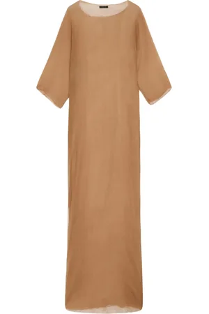 Cortana Kleedjes, Dames, Bruin, L, Chiffon, Zijde Bronzen Lange Jurk met Zijsplit
