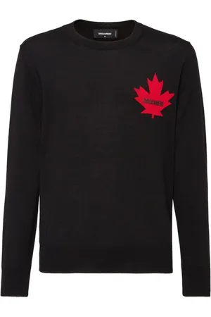 Dsquared2 Truien, Heren, Zwart, XL, Wol, Zwarte Gebreide Trui met Maple Leaf