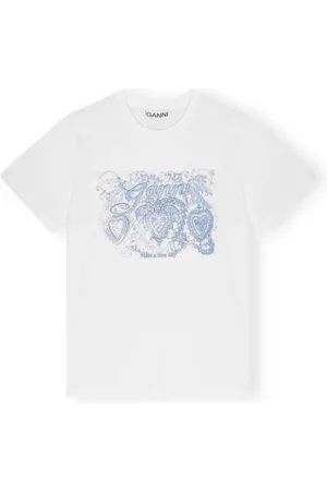 Ganni Tops, Dames, Wit, L, Katoen, Basic Tattoo Lace Relaxed T-Shirt