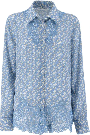 ERMANNO SCERVINO Blouses & Shirts, Dames, Blauw, S, Zijden Bloemenprint Shirt met Lange Mouwen