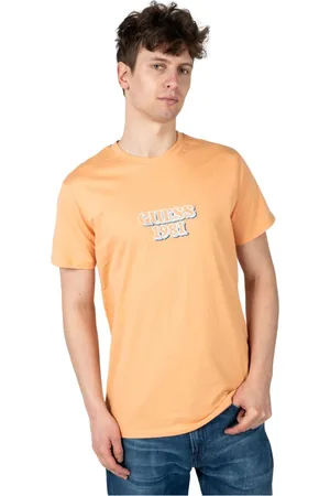 Guess Tops, Heren, Oranje, S, Katoen, Klassiek T-shirt met Ronde Hals