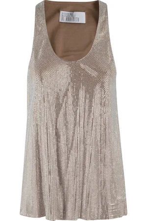 GIUSEPPE DI MORABITO Tops, Dames, Bruin, XS, Beige Strass Top Ronde Hals Mouwloos