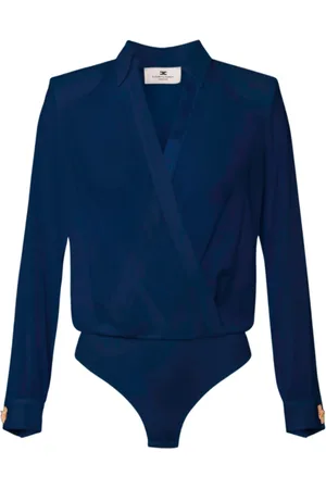Elisabetta Franchi Tops, Dames, Blauw, L, Georgette Jacquard Shirt met gekruiste hals en letterprint
