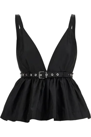 Ganni Tops, Dames, Zwart, M, Nylon, Uitlopende nylon top met V-hals
