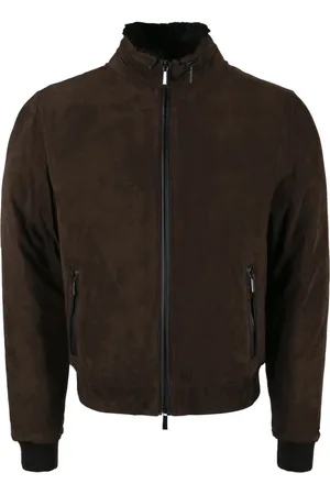 MOORER Jassen, Heren, Bruin, M, Wol, Leren jas met Afneembare Bontkraag