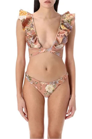 ZIMMERMANN Badkleding, Dames, Veelkleurig, S, Tropische Roze Wrap Ruffle Bikini