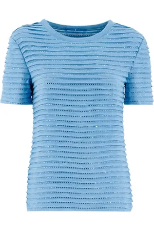 ERMANNO SCERVINO Tops, Dames, Blauw, XS, Katoen, Kristallen Geborduurde Gebreide T-shirt