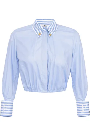Elisabetta Franchi Blouses & Shirts, Dames, Blauw, S, Katoen, Gestreept Kraag Katoen Poplin Cropped Shirt