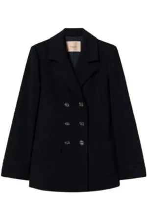Twin-Set Jassen, Dames, Blauw, XS, Polyester, Kruis-Sluiting Crepe Blazer met Borduurwerk