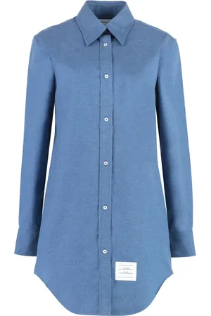 Thom Browne Kleedjes, Dames, Blauw, S, Katoen, Logo Patch Katoenen Overhemd
