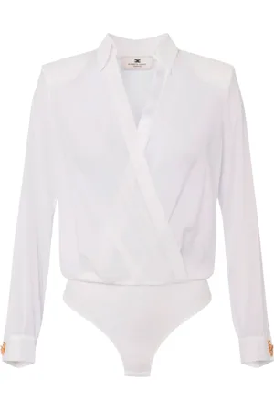 Elisabetta Franchi Tops, Dames, Wit, M, Polyester, Georgette Jacquard Shirt met gekruiste hals en letterprint