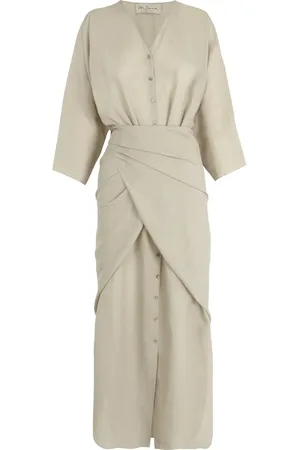 Cortana Kleedjes, Dames, Groen, L, saliegroene ramie midi jurk