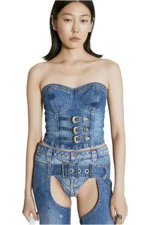 Guess Tops, Dames, Blauw, S, Denim, Denim Bustier met gespdetail