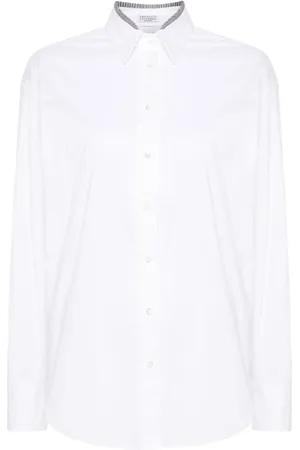 Brunello Cucinelli Blouses & Shirts, Dames, Wit, L, Double Collar Poplin Overhemd Monille