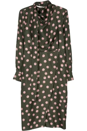 Fendi Kleedjes, Dames, Groen, S, Zijden jurk met stippen en hoge hals