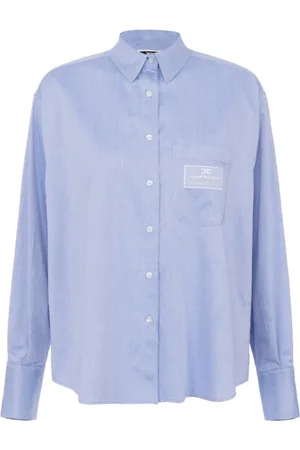 Elisabetta Franchi Blouses & Shirts, Dames, Blauw, L, Katoen, Logo Poplin Overhemd met Label