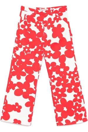 Marni Broeken, Heren, Rood, L, Katoen, Bloemenprint Broek met Wijde Pijpen