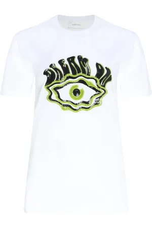 Sportmax Tops, Dames, Wit, XL, Katoen, Wit T-shirt met Oogprint en Slim Fit