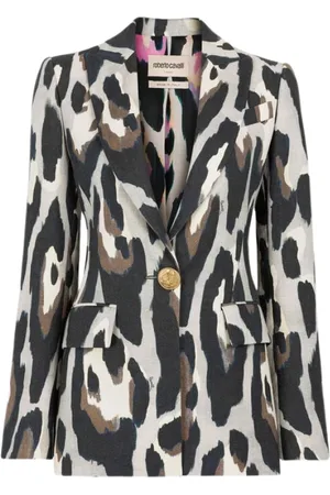 Roberto Cavalli Jassen, Dames, Veelkleurig, S, Linnen, Jaguar-Print Linnen Blazer Slim Fit
