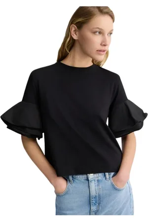 Liu Jo Blouses & Shirts, Dames, Zwart, S, Katoen, Zwart katoenen T-shirt met tafzijde ruches