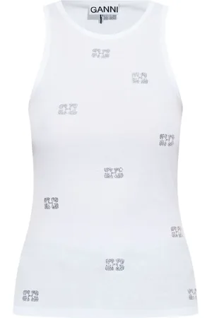 Ganni Tops, Dames, Wit, S, Katoen, Rhinestone Butterfly Tank Top